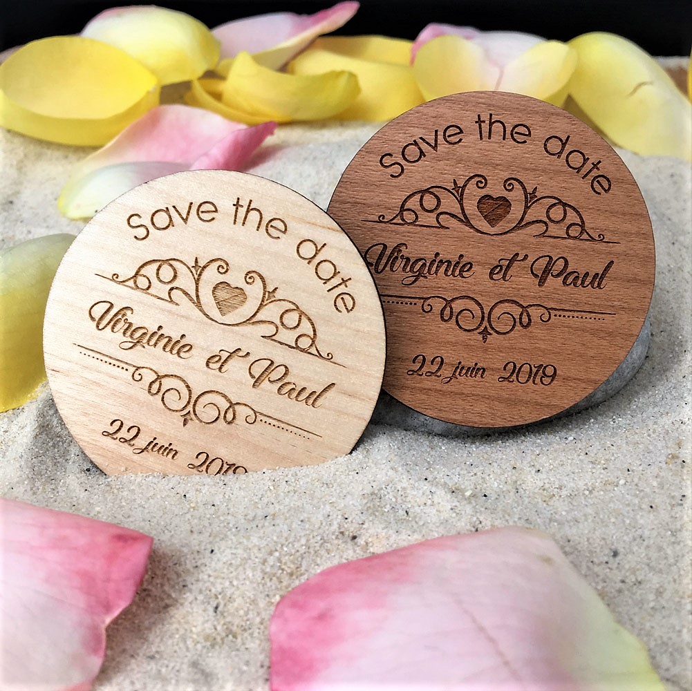 magnet personnalisé 50 mm rond en bois gravé pour les mariages