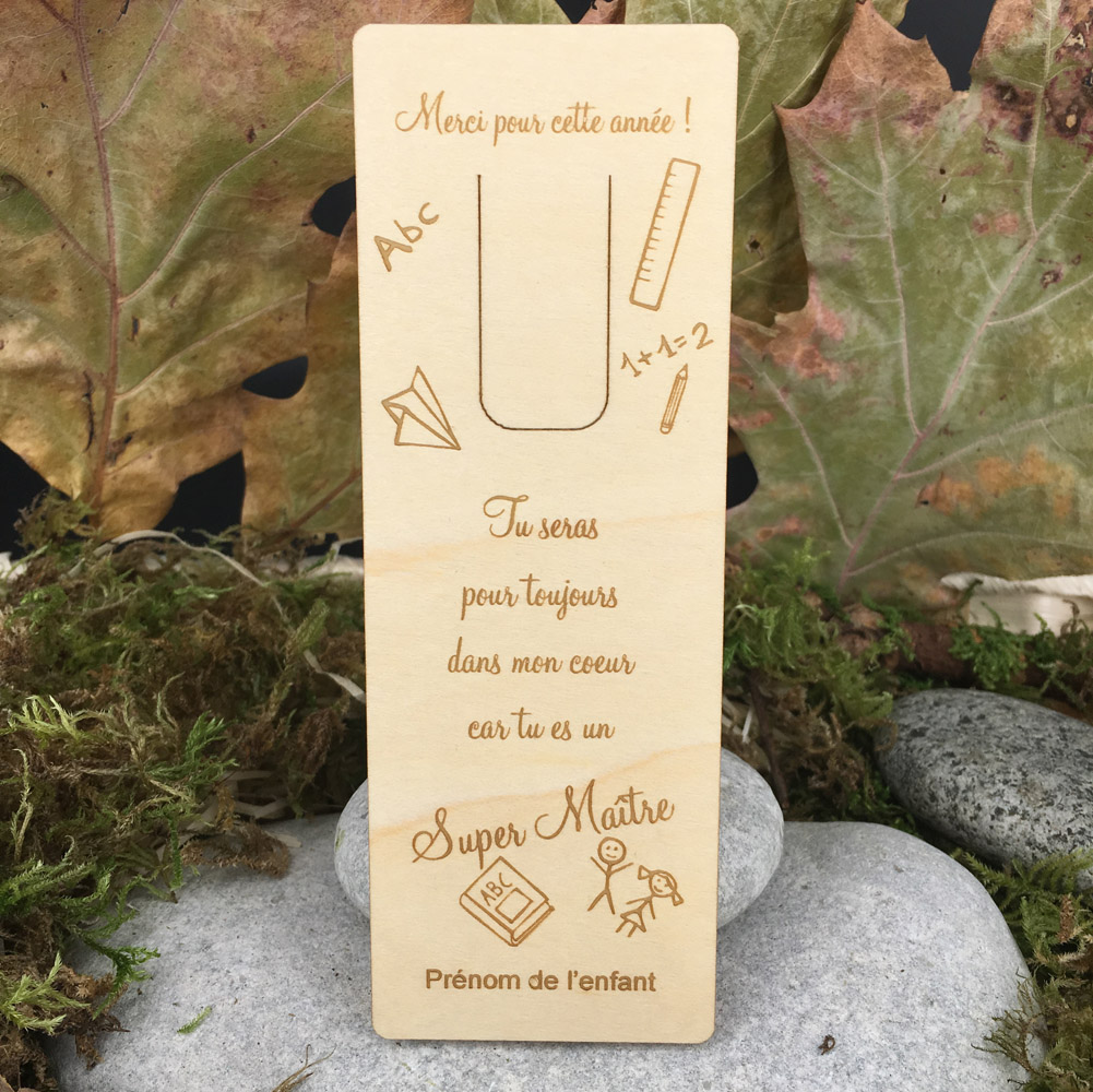 marque page gravé en bois personnalisé super maître cadeau fin des écoles