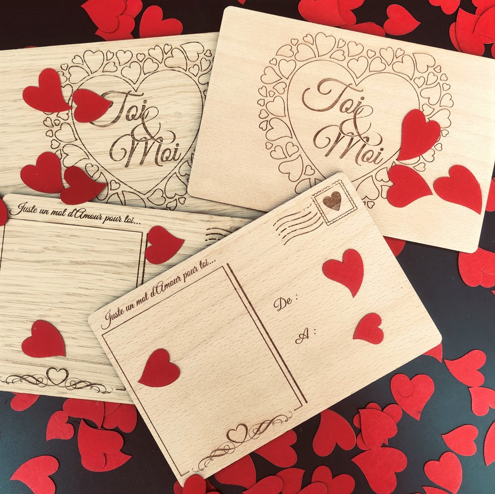 carte postale bois personnalisée modèle toi et moi hêtre et chêne
