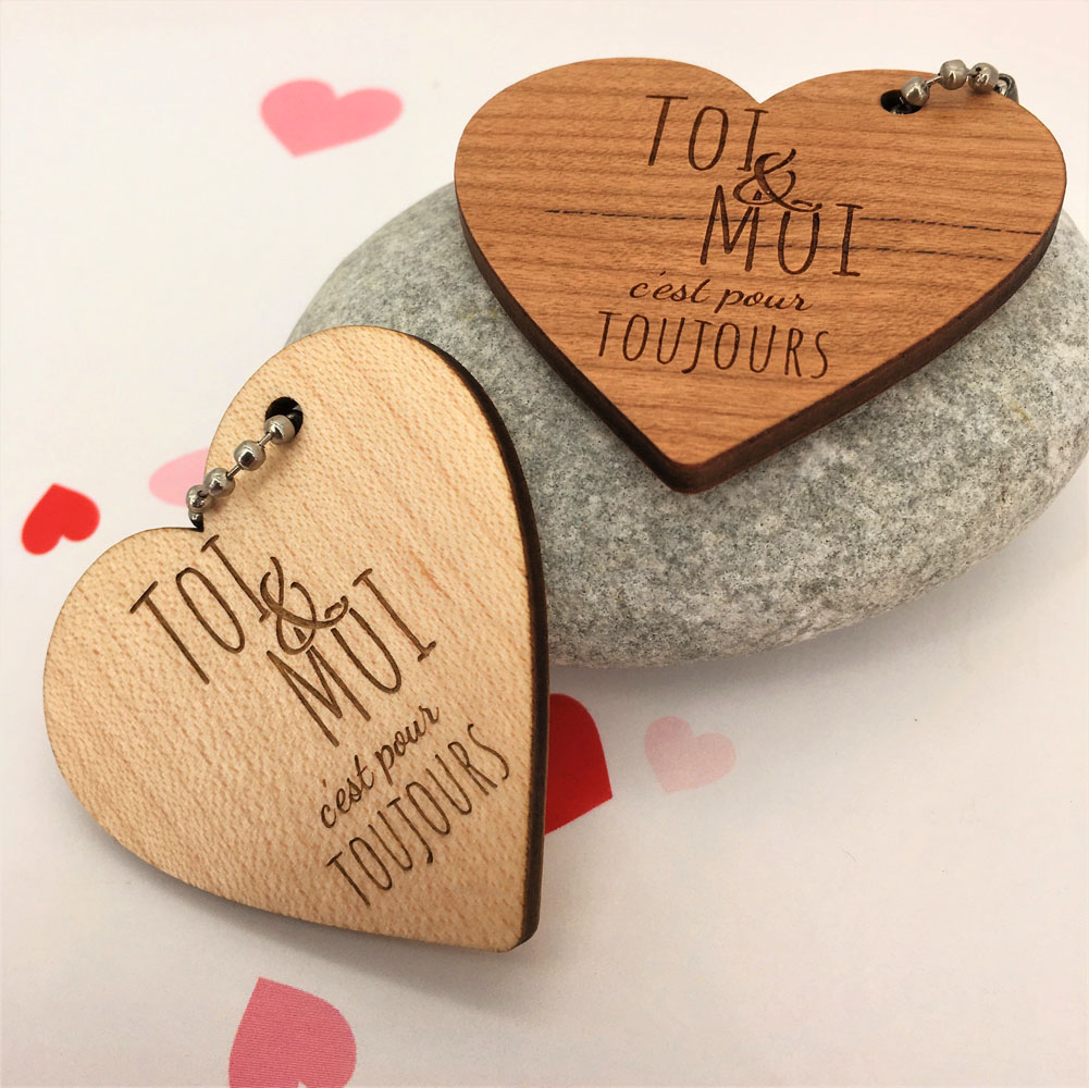 porte-clés bois forme coeur personnalisé le Toi&Moi