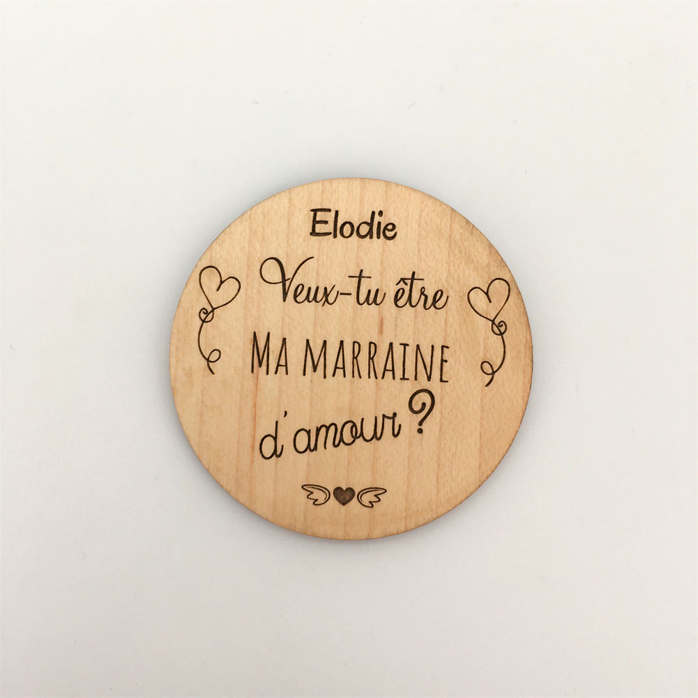 magnet bois personnalisé demande marraine rond érable