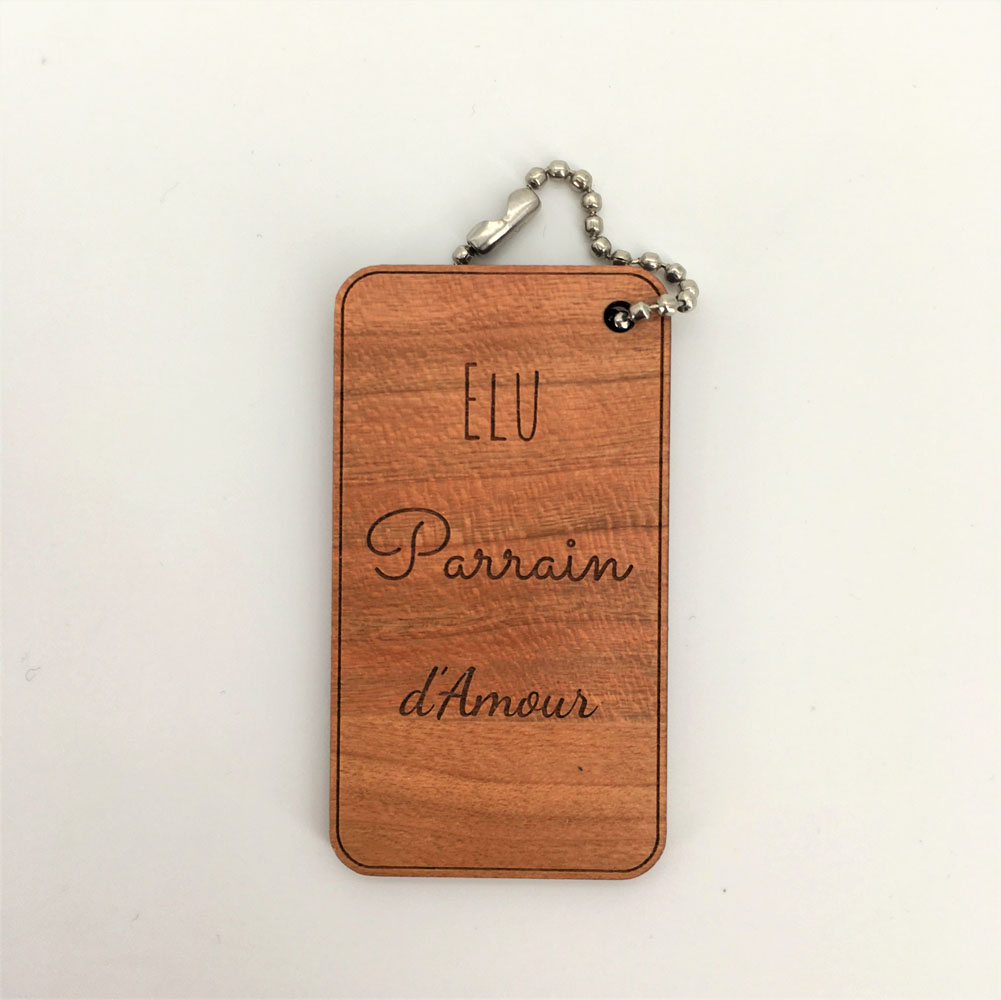 Porte-clés bois parrain d'amour cerisier