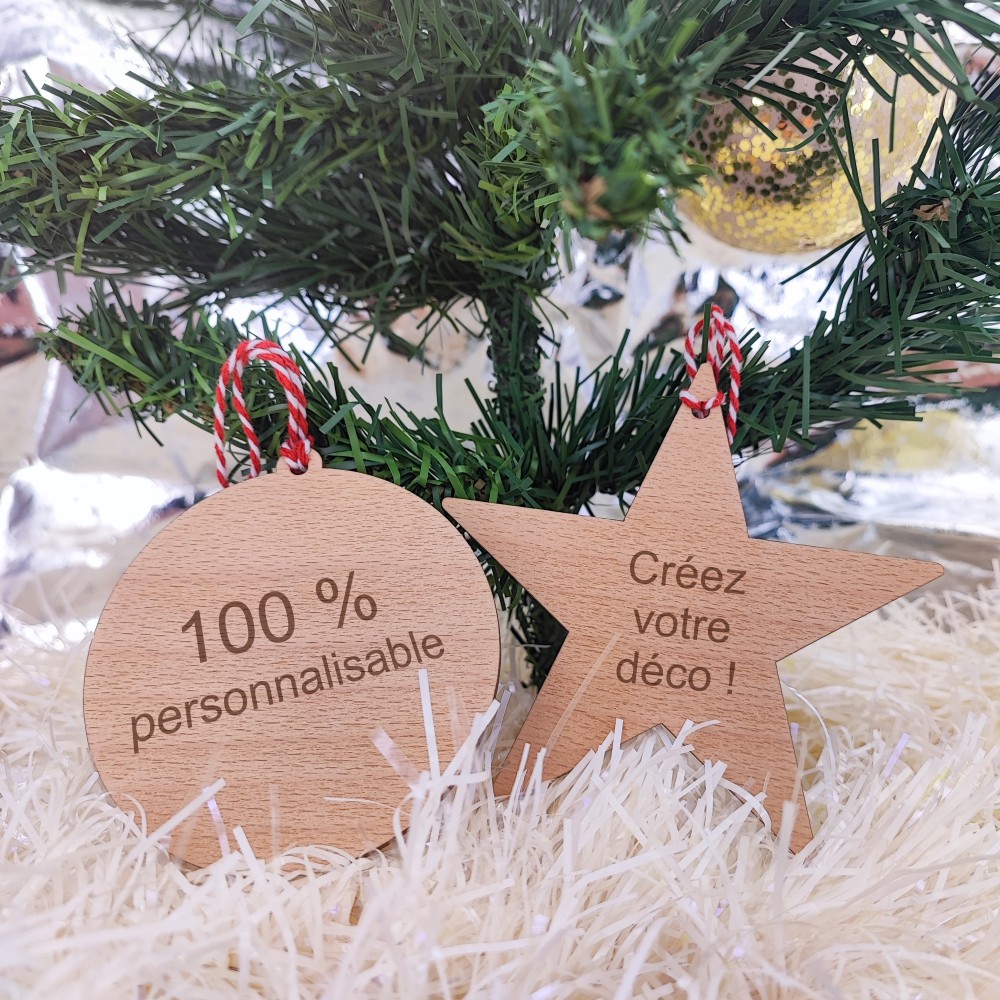 Déco de noël bois personnalisée - déco de sapin en bois de hêtre - étoile et boule